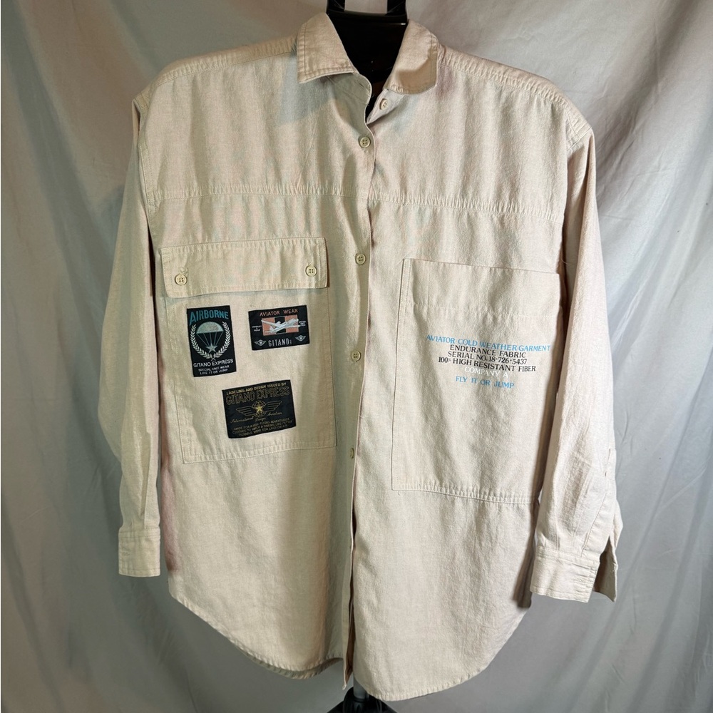 Vintage Gitano Men's Button-Down Shirt with Aviator Patches – Beige ✈️🧥